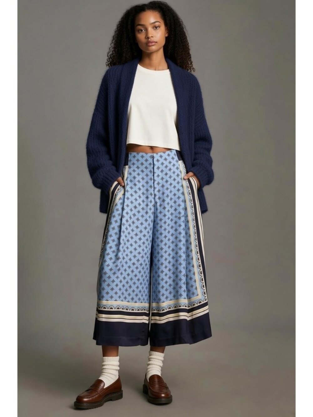 Anthropologie Maeve Blue Engineered Printed Pleated A-Line Culotte Pants NEW XS